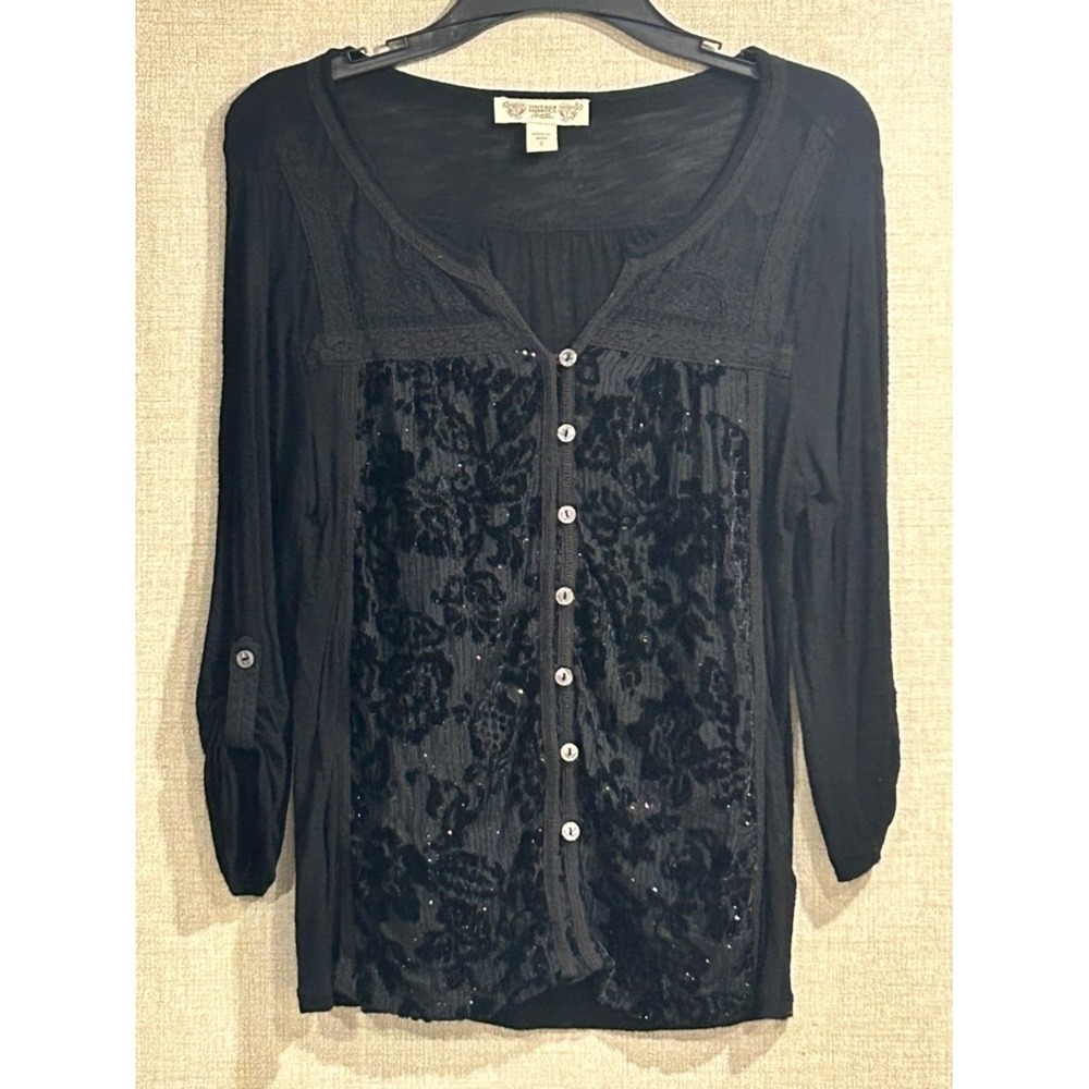 Vintage America Blues Black Velvet Burnout Sequin Lace Trim Roll Tab Top Small